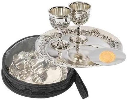 Holy Land Gifts Communion-Set-7″ Plate 3″ Plate& 2 Cups w/Bag-Silver Plated (#1520)