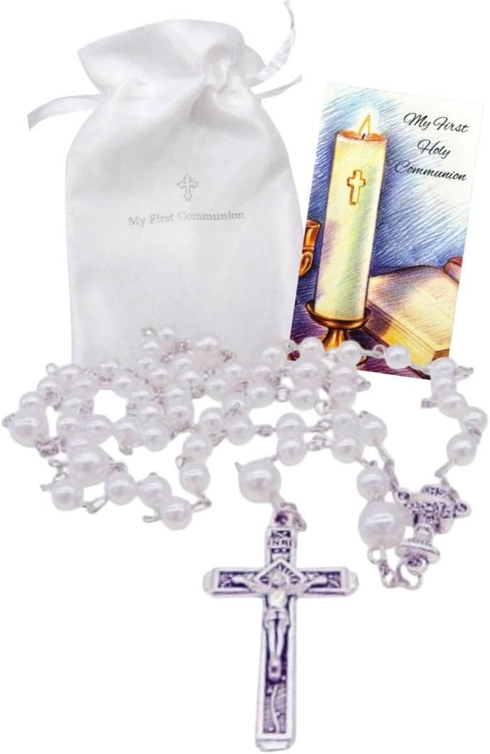 Westmon Works First Holy Communion Girls Rosary with Glass Beads and Chalice Centerpiece – Catholic Prayer Gift Set with Crucifix, Holy Card, and Keepsake Bag
