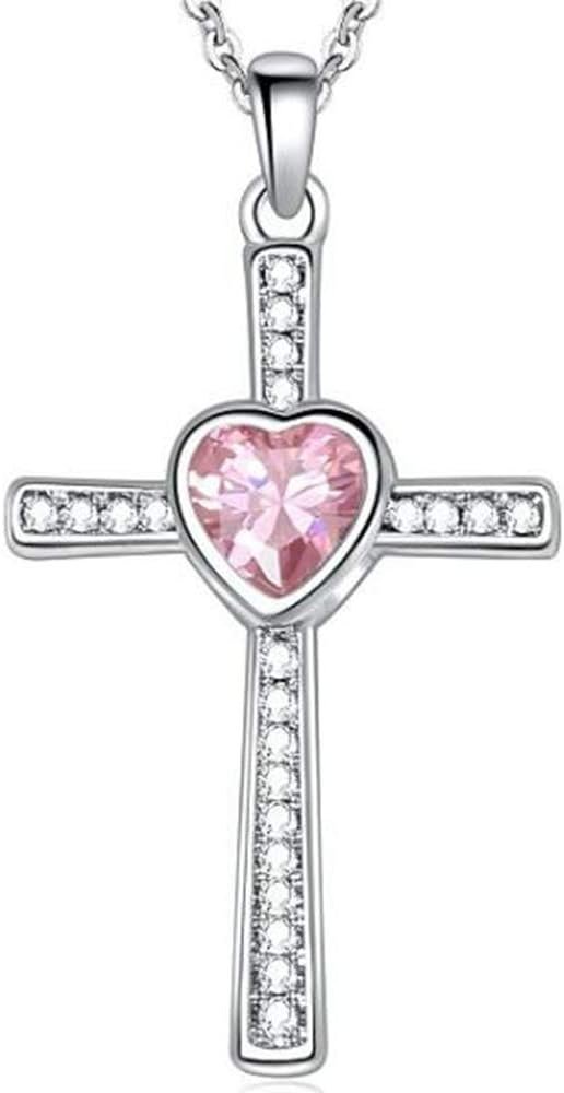 JUDE Stainless Steel Heart Birthstone Cross Statement Wedding Cocktail Party Pendant Necklace