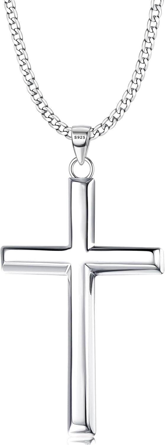 MILACOLATO Solid 925 Sterling Silver Cross Necklace for Men Women, 2mm Durable Diamond-Cut Sterling Silver Chain with Beveled Edge Cross Pendant, Mens Silver Gold Crucifix Pendant Necklace Jewelry 16-24 Inches Mother’s Father’s Day Jewelry Gifts