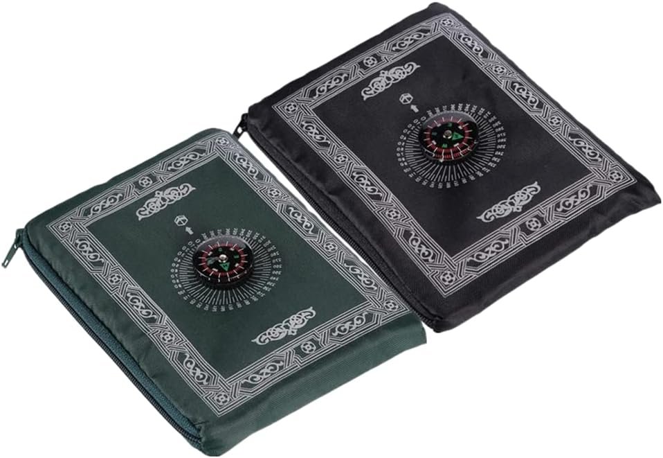 2 Pieces Muslim Travel Prayer Mat,Islamic Prayer Rug,Muslim Prayer Carpet,with Compass Pocket Sized Carry Bag,and Attached Compass,Travel Prayer Mat with Compass(Green,Black)