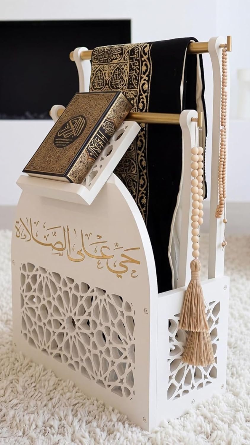 Muslim Prayer Mat, Quran, Islamic Book and Rosary – Double Storage for Tesbih and Islamic Accessories (Antique White)