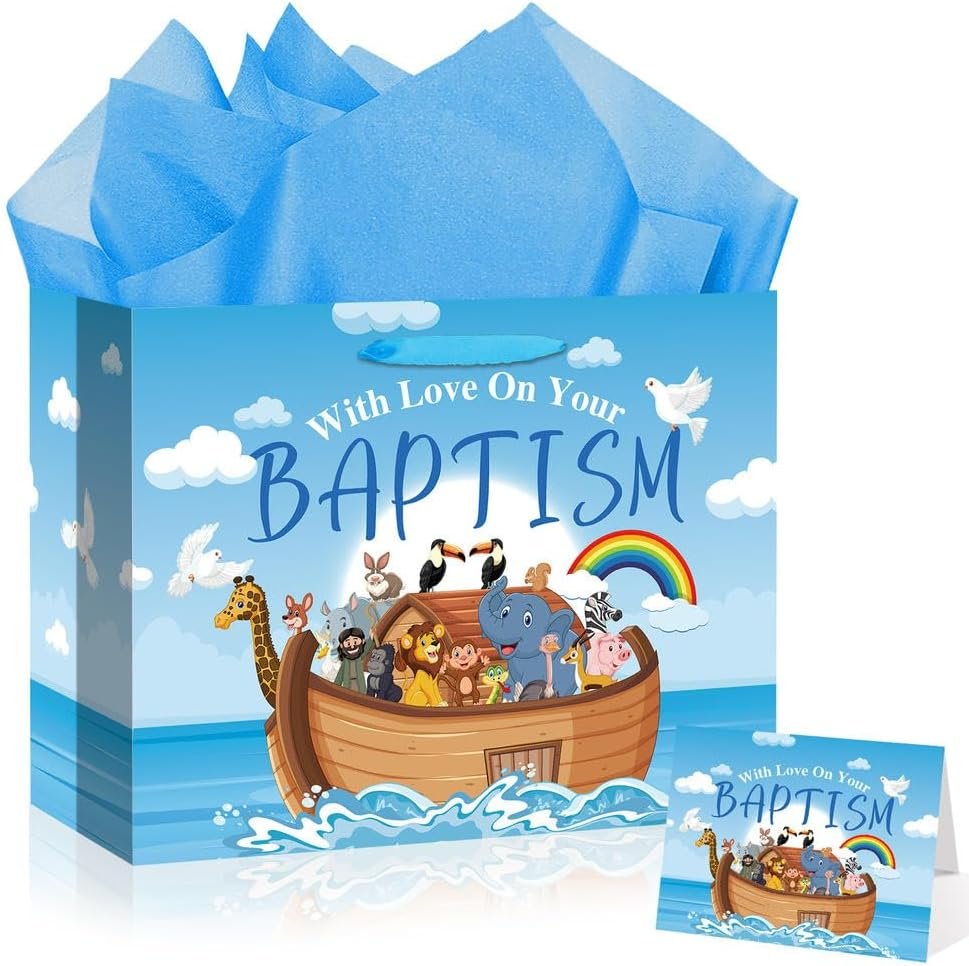 Neptniopllab Large Baptism Gift Bags for Boys,Blue Religious Christian Birthday Gift Bag with Greeting Card and Tissue Paper for Baby Boy First Communions Baptism Christenings (Baptism)