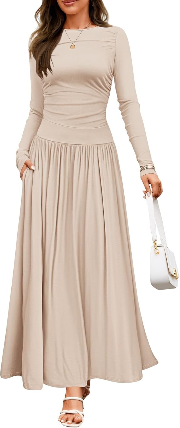 ZESICA Women’s Long Sleeve Fall Maxi Dress 2026 Crewneck Knit Casual Slim Swing Pleated Dresses with Pockets