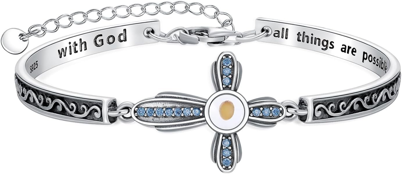 AOBOCO Mustard Seed Cross Bracelet with 12 Birthstones Sterling Silver With God All Things are Possible Bangle Christian Faith Religious Jewelry Gift for Women