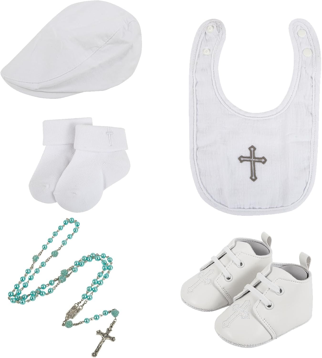5 Pcs Baptism Bib for Baby Boys Cross Christening Socks Shoes Hat First Rosary White Outfits Toddler Infant First Communion Baptism Gift for Boys Girls Cross Bib Christening Shoes and Socks