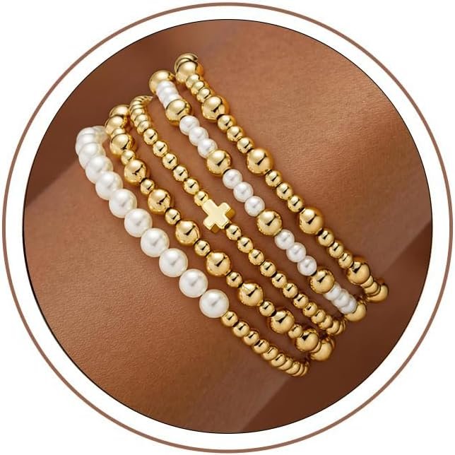Turandoss Gold Beaded Bracelets for Women Teen Girls -14K Gold Plated Stackable Colorful Round Beaded Bracelet Turquoise Cross Bead Bracelet Pearl Bracelets Set for Women Teenage Girls