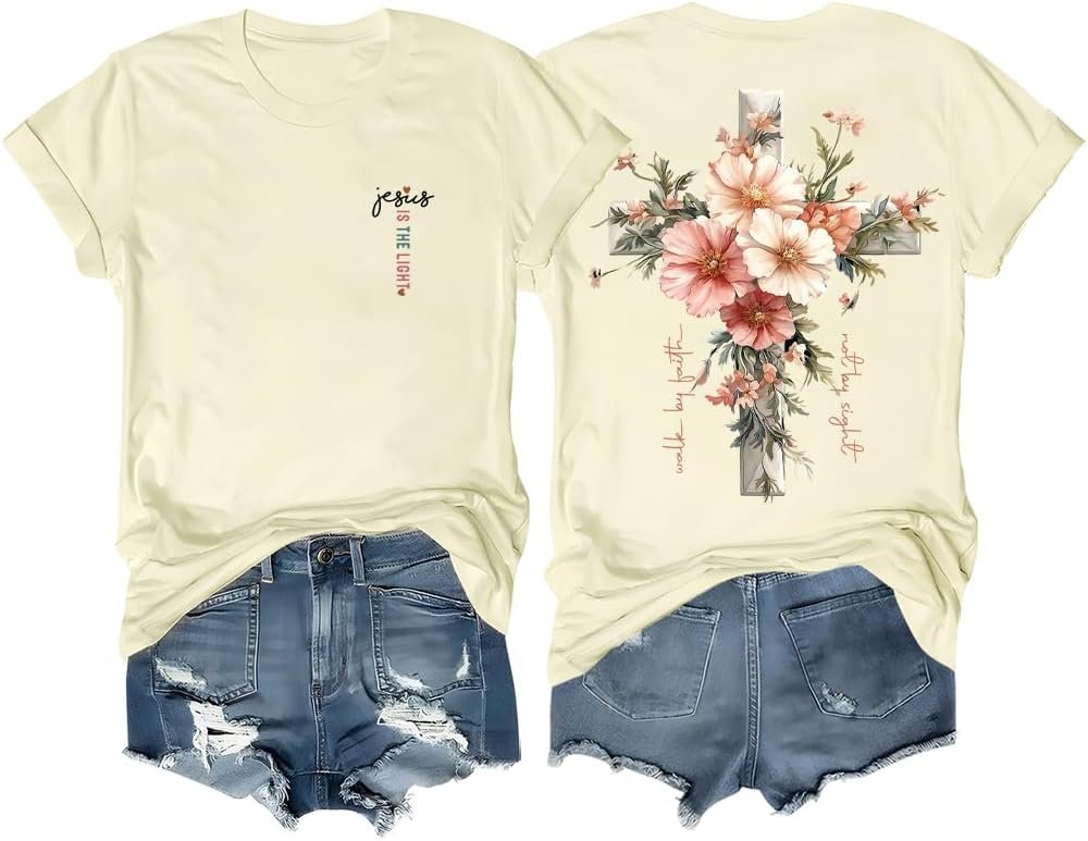 Faith Cross Christian T-Shirt with Boho Floral Cross Print Short Sleeve Casual Graphic Tee for Women