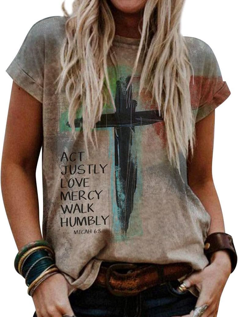 FEMLE Christian Graphic T Shirt for Women Vintage Cross Faith Print Crewneck Tee