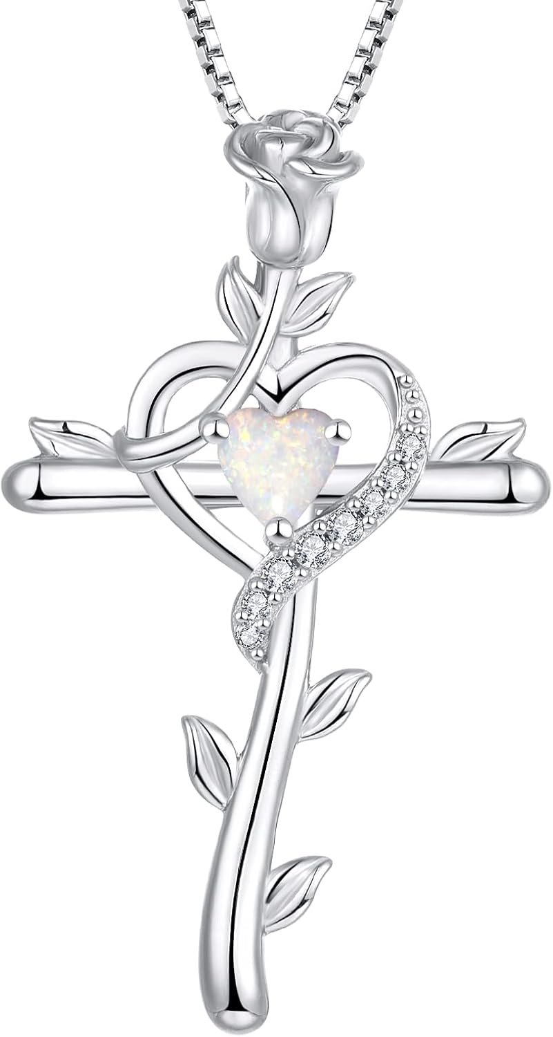 STARCHENIE Rose Cross Necklace 925 Sterling Silver Heart Crucifix Pendant Birthstones Jewelry for Women
