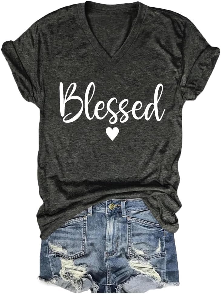Blessed Shirts Women Cute Heart Graphic Tee V-Neck Short Sleeve Thankful T Shirt Casual Christian Religious Faith Top