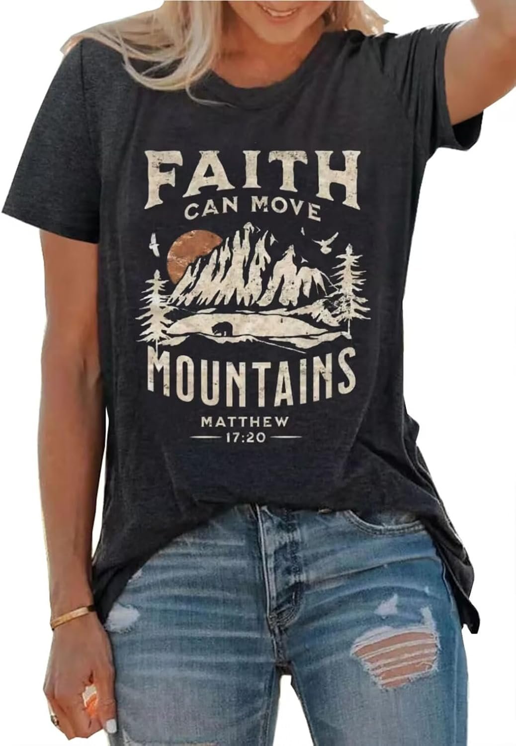 Sun and Mountain Shirt for Women Camping Hiking Shirt Pine Tree Graphic Tees Nature Casual Short Sleeve Shirt