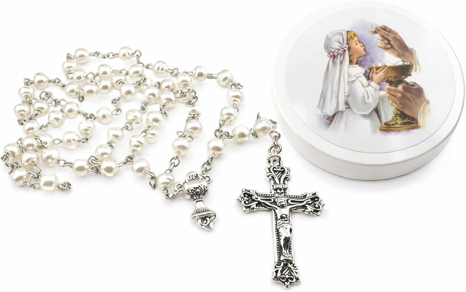 Westmon Works Girls First Communion Rosary with Glass Beads and Crucifix Catholic Prayer Necklace Gift Set with Chalice Centerpiece and Keepsake Case