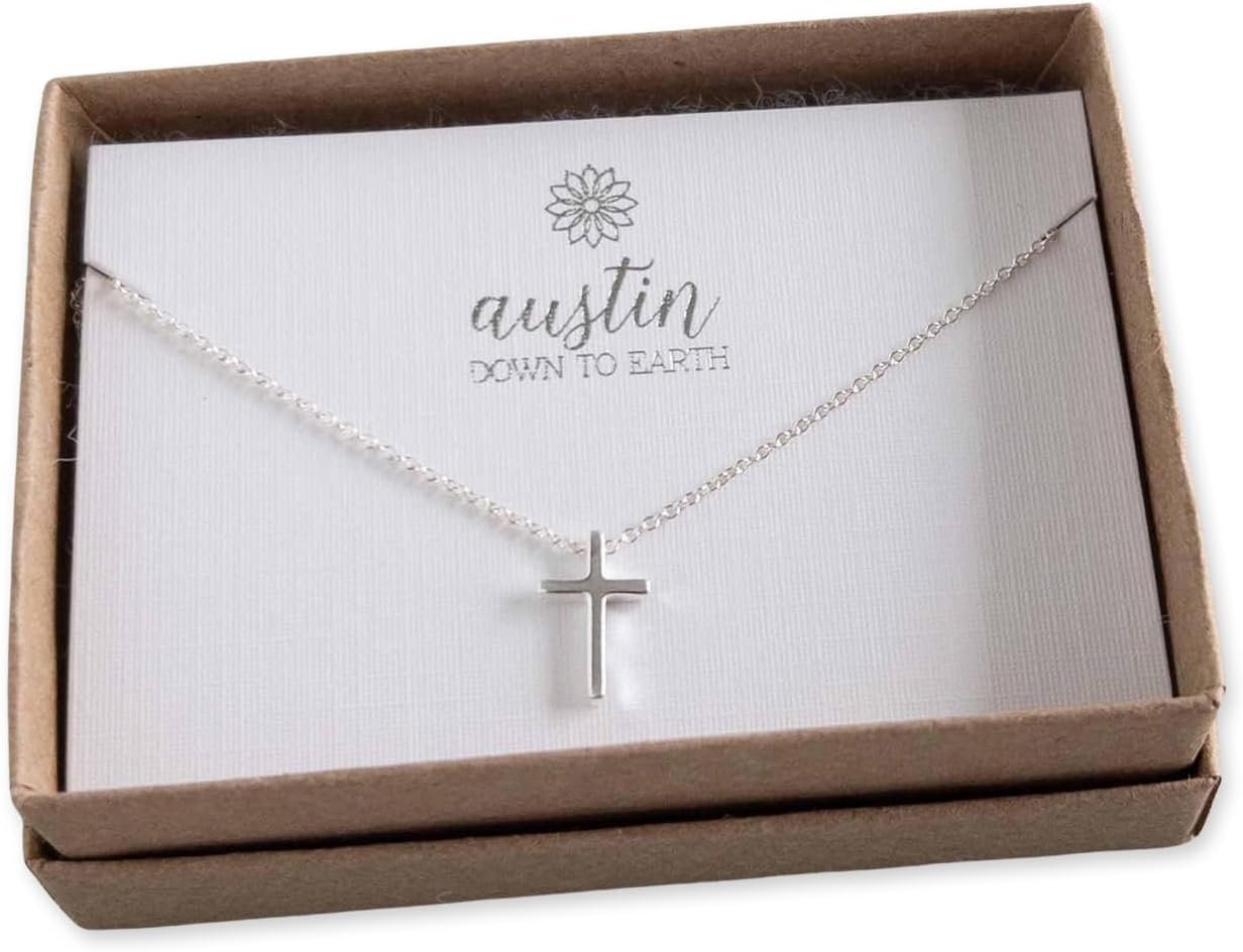 Sterling Silver Dainty Cross Necklace for Women – Tiny Cross Pendant – Small Cross for Girls Baptism, Confirmation, Graduation Gift – Austin Down to Earth