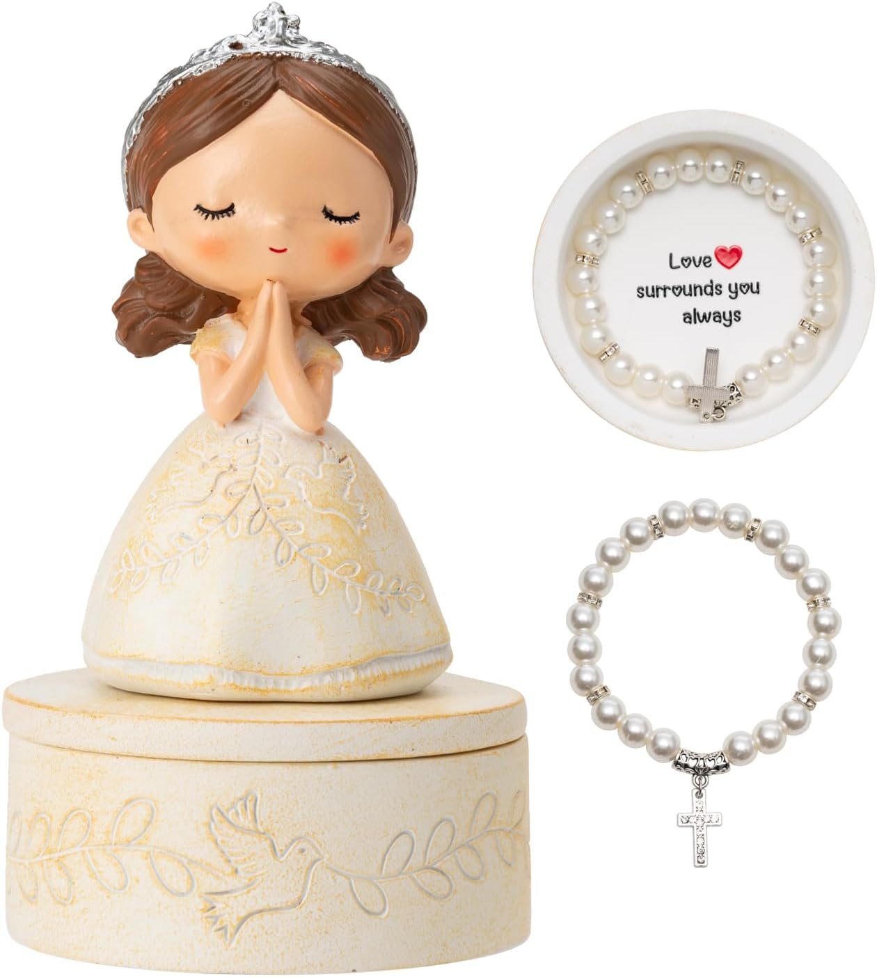 First Communion Gift Set for Girls – Resin Prayer Girl Figurine with Dove & Olive Branch Design, White Religious Keepsake Statue, Pearl Necklace Cross Pendant, Gift Box Set with Inspirational Message