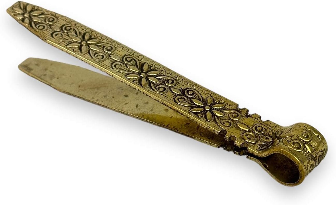 Vintage Brass Charcoal Tongs with Floral Engraved Handle – Antique Design Incense Tongs, 4.13 inches