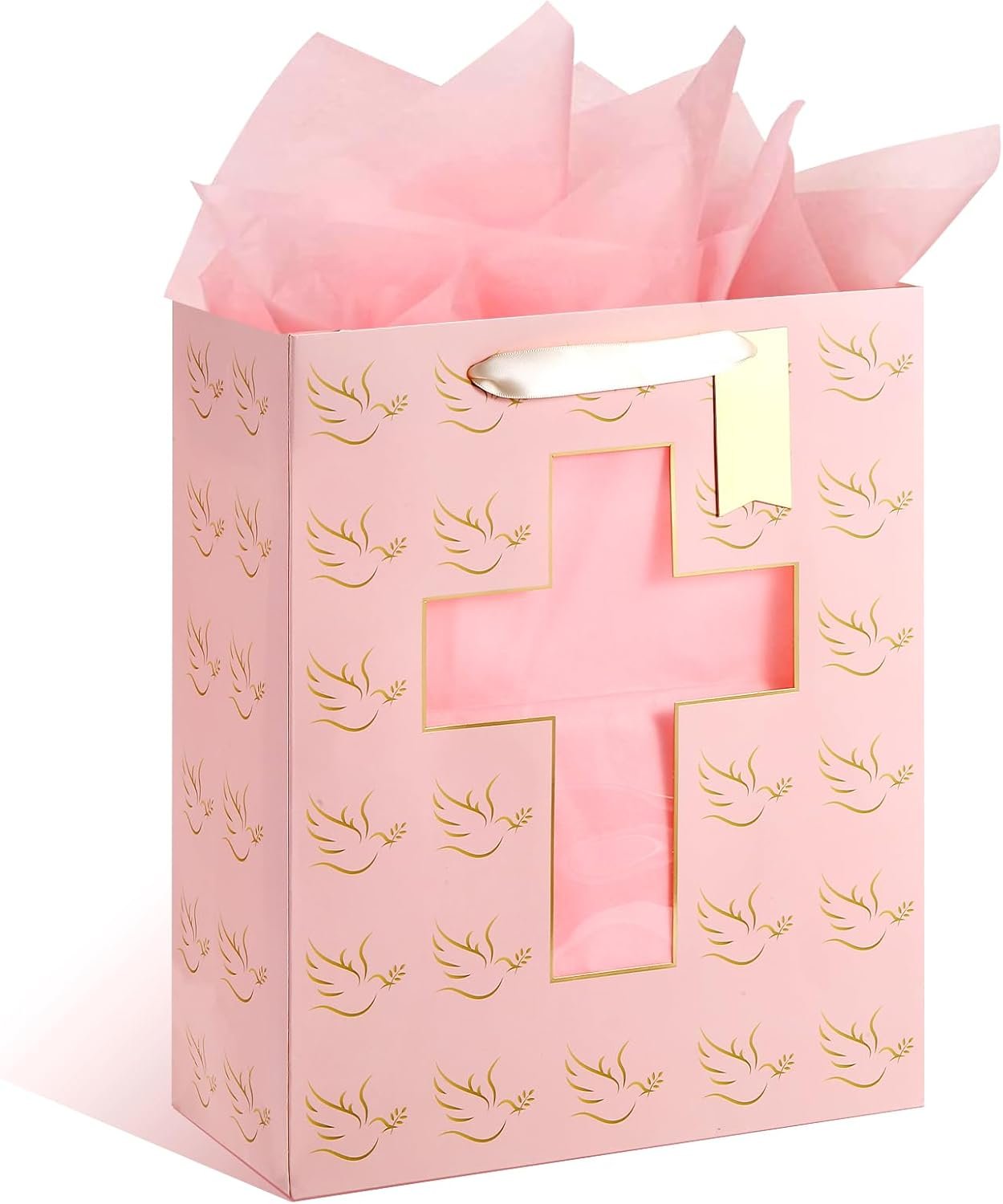 Sawnfay Pink Gift Bag – 10″ x 5″ x 13″, Baptism Gifts For Girl, First communion, Confirmation gifts for teen girls, Christening, Religious Events, with Cross cut window Design and Tissue Paper