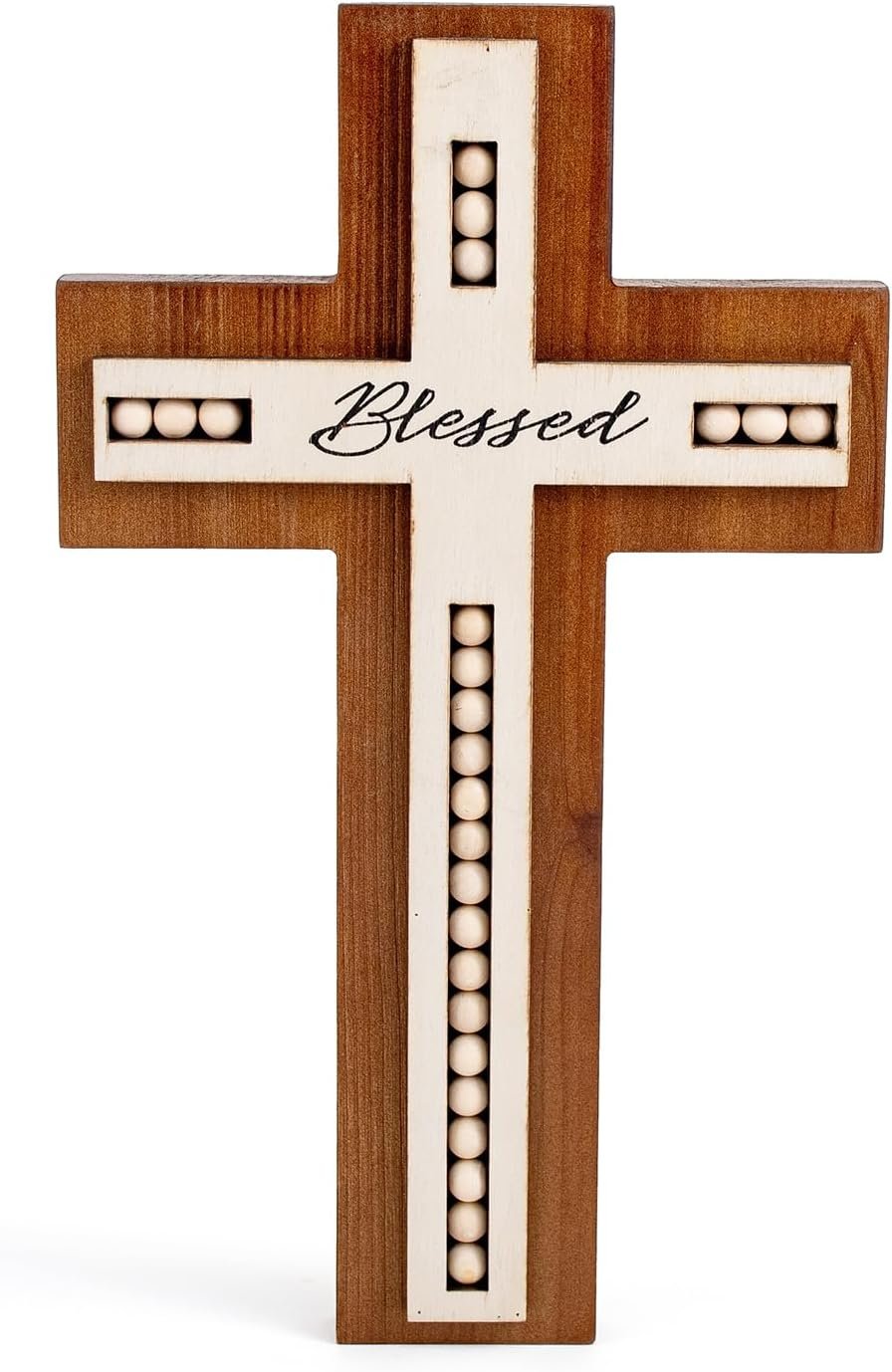 BONNY DODO Christian Wood Cross Wall Decor – Retro Blessed Rustic Wooden Wall Hanging Art, Home Sculpture with wood beads Home Decer (Wooden bead style)