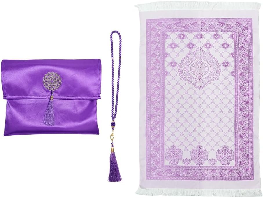 Anlising Muslim Prayer Mat with Prayer Beads and Fabric Bag, Foldable Islamic Prayer Rug, Purple, 110x70CM