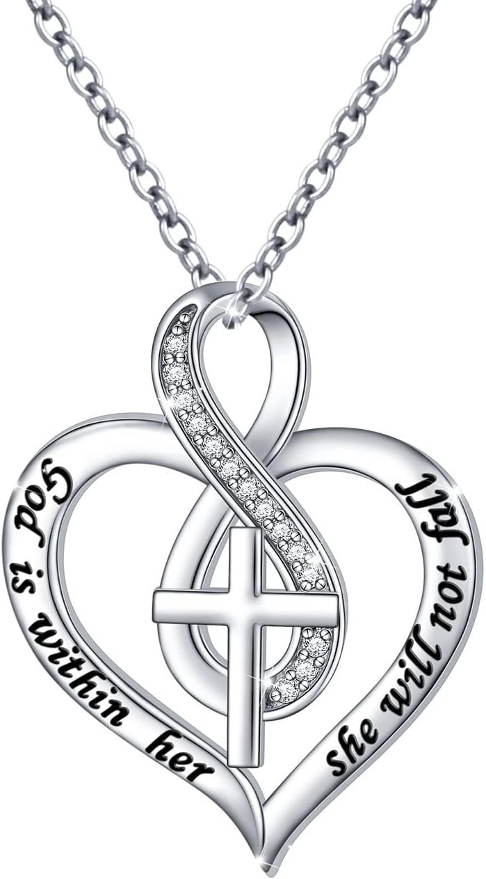 DAOCHONG S925 Sterling Silver Christian Cross Heart Inspirational Faith Bible Verse Necklace & Rinags for Women Teen Jewelry