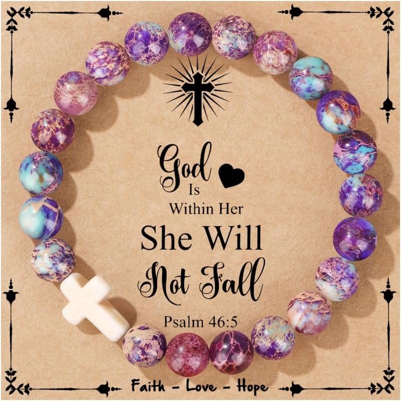 JoycuFF Cross Bracelet for Women Christian Faith Gifts Catholic ReligiousEaster Christian Jewelry, Meaningful Baptism Communion Natural Beads Bracelets