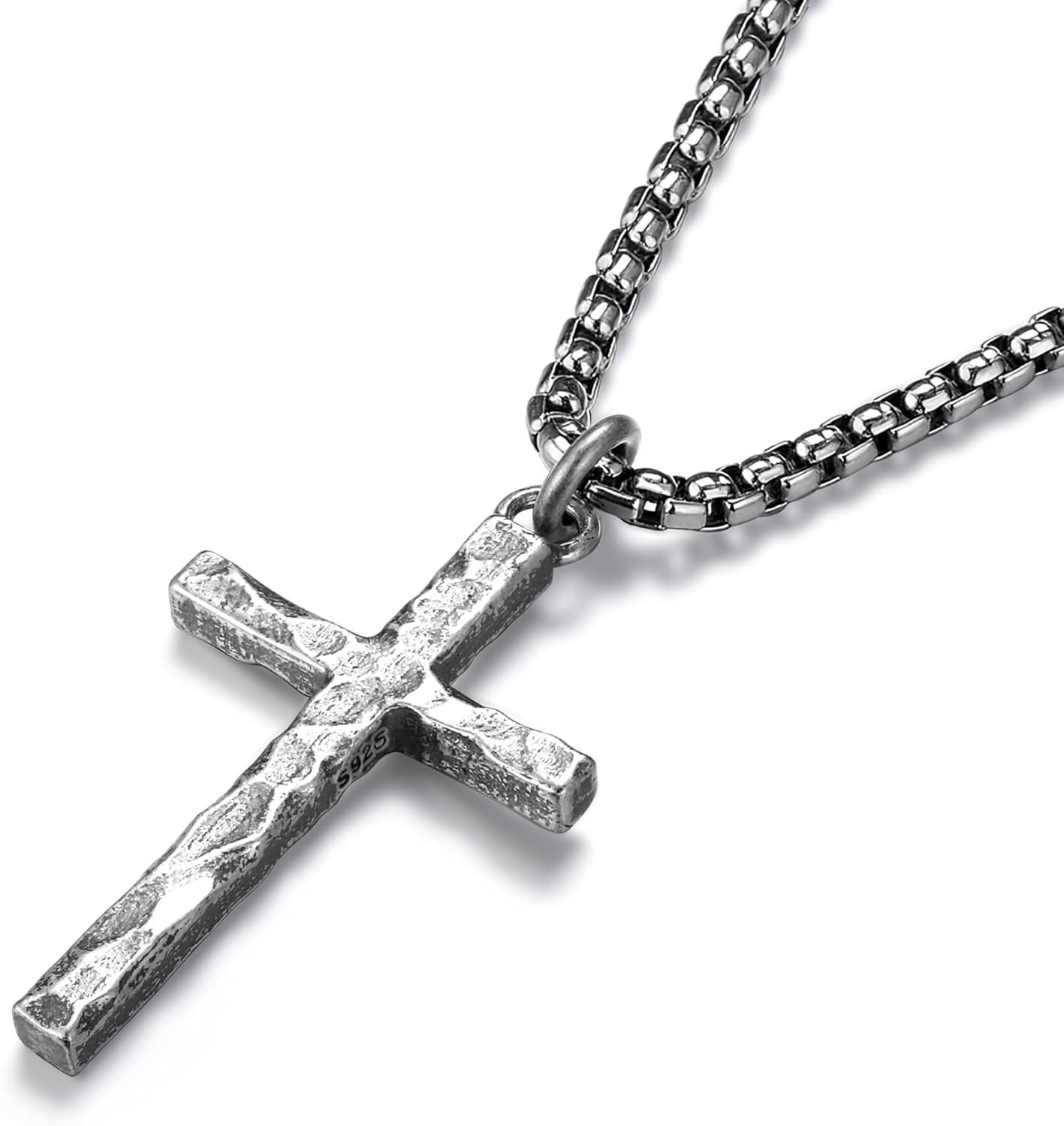 925 Sterling Silver Cross Necklace Men – Oxidized Hammered Cross Pendant with Stainless Steel Box Chain Vintage Unique Crucifix Necklaces Silver Jewelry for Mens Women 18-26 Inches