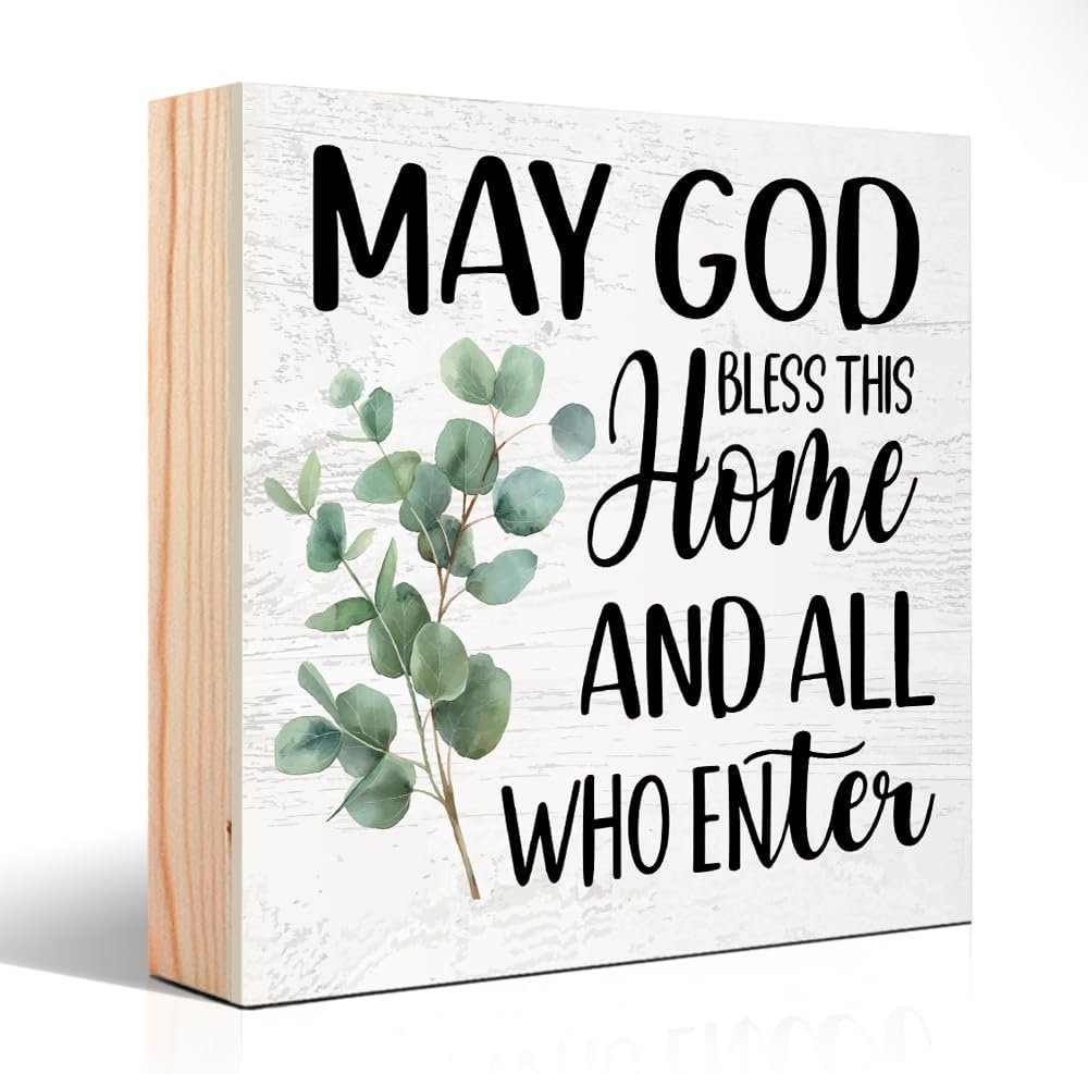 May God Bless This Home And All Who Enter Wooden Sign Desk Decor for Home Office Farmhouse, Housewarming Gifts, Religious Gifts for Women Boss Leader Supervisor Coworkers Family Friend BFF