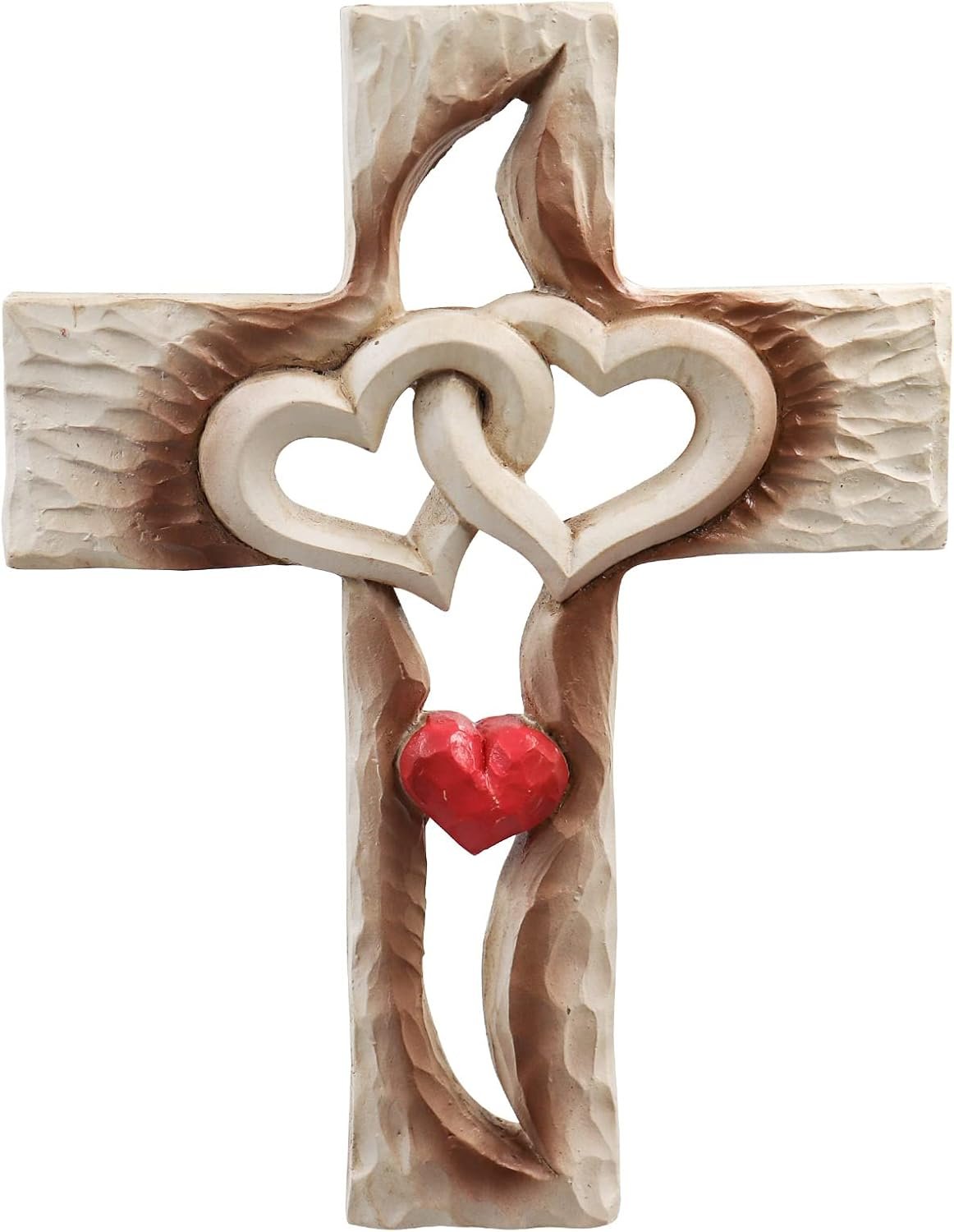 Oooct Carved Cross, Resin Cross Wall Decor, Intertwined Hearts & Never Separates Love, Great Christian Gift, Wall Art Gift, Home Living Room Decor – 6.88 × 5.23 Inch