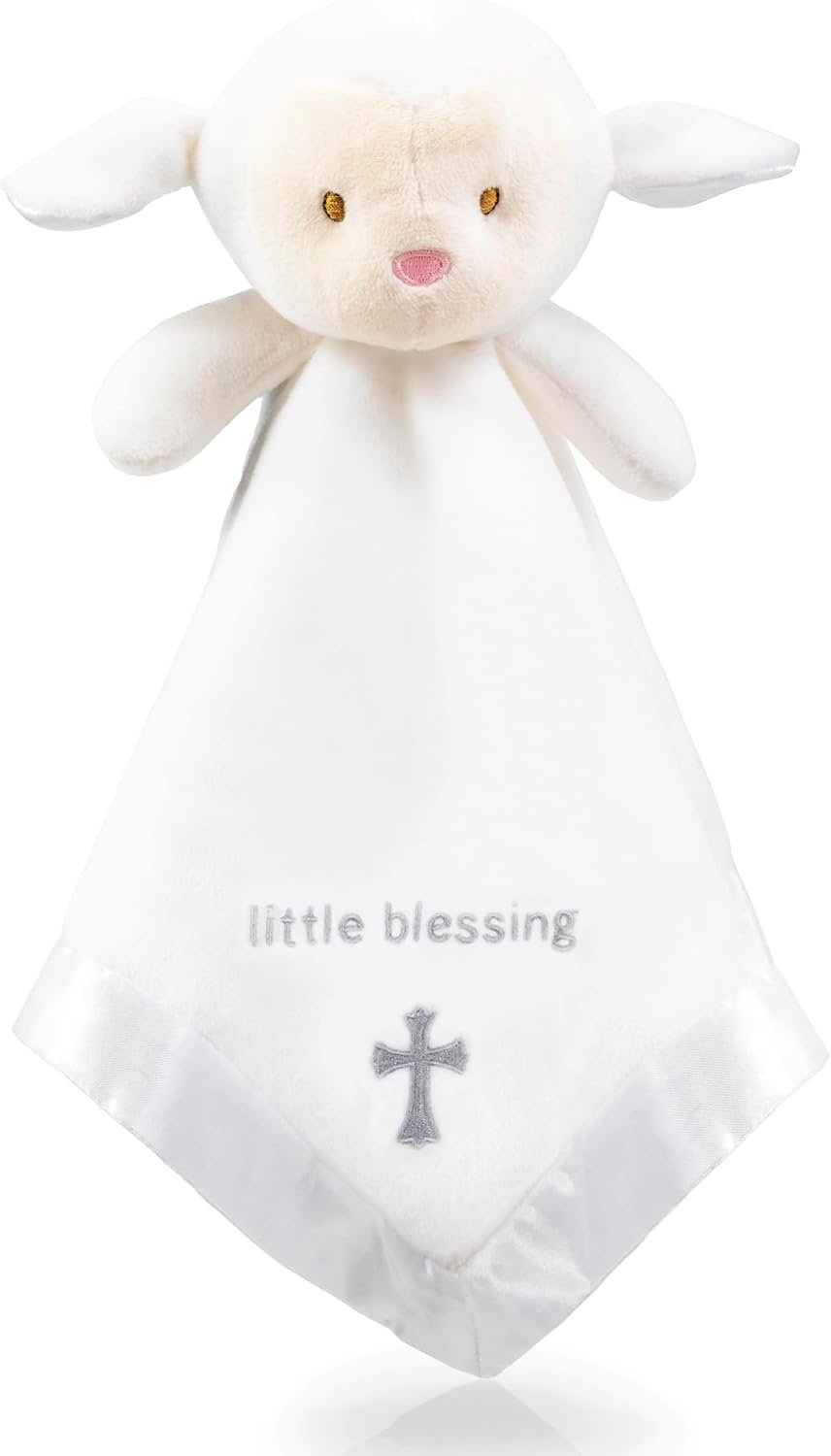 Lamb Lovey, Baptism Gifts for Girl & Boys – Loveys for Babies, Soft Embroidered Baby Blanket with Cross, Baptism Blanket for Newborns & Toddlers, Oeko-TEX Certified,14 inch