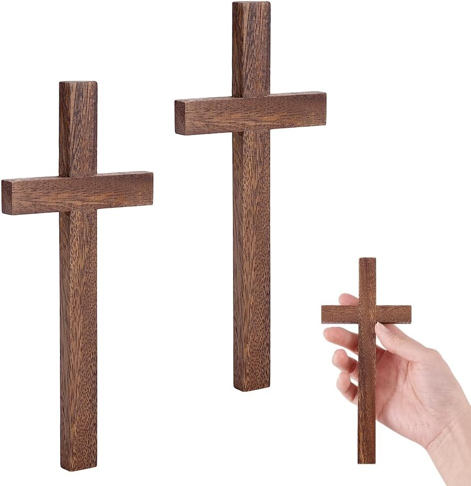 PH PandaHall 2pcs Walnut Wooden Crosses, 6.8 inch Wood Cross Solid Wooden Hand Cross Rustic Cross Brown Crucifix Hand Held Cross for Easter Church Home Room Weddings Party Wall Decor