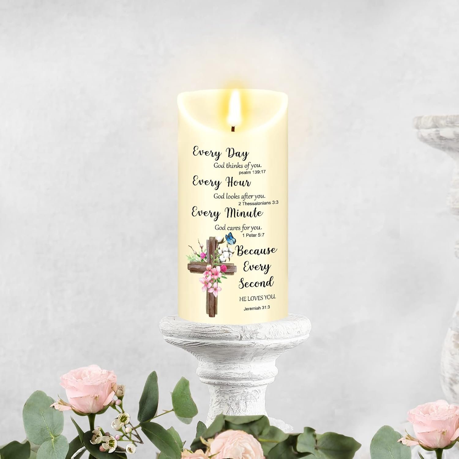 Gerrii Christian Candles Christian Gifts for Women LED Candles Religious Gifts for Women LED Flameless Inspirational Favour with Bible Verse Prayers Scripture(Flower Every)