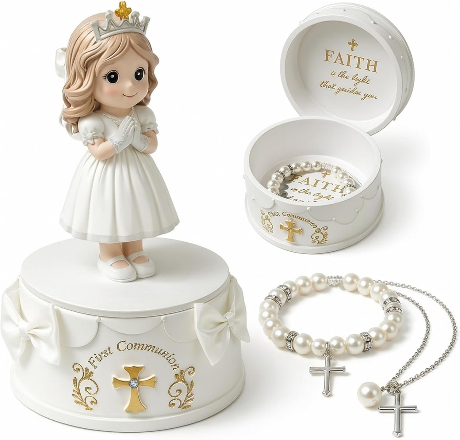 First Communion Gifts for Girls – 1st Holy Communion Gift with Prayerful Girl Figurine, Keepsake Box & Pearl Bracelet – Religious Keepsake Gift for Girls