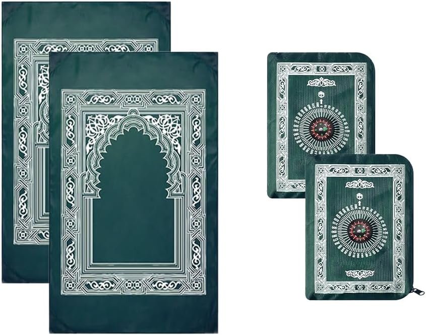 Portable Travel Prayer Mat,2 Pieces Portable Muslim Islamic Prayer Mat,Polyester Prayer Rug,Muslim Prayer Carpet with Pocket for Islamic Gifts Ramadan Family Trips,Green(60 cm x 100 Cm)