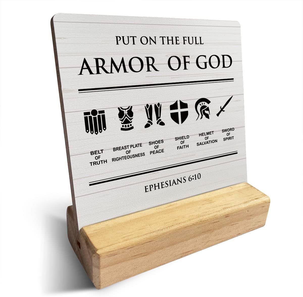 Country Put on the Full Armor of God Bible Verses Wooden Plaque Sign Desk Decor Rustic Motivational Ephesians 6:10 Christian Desk Sign Decor for Home Office 4 x 4 Inches