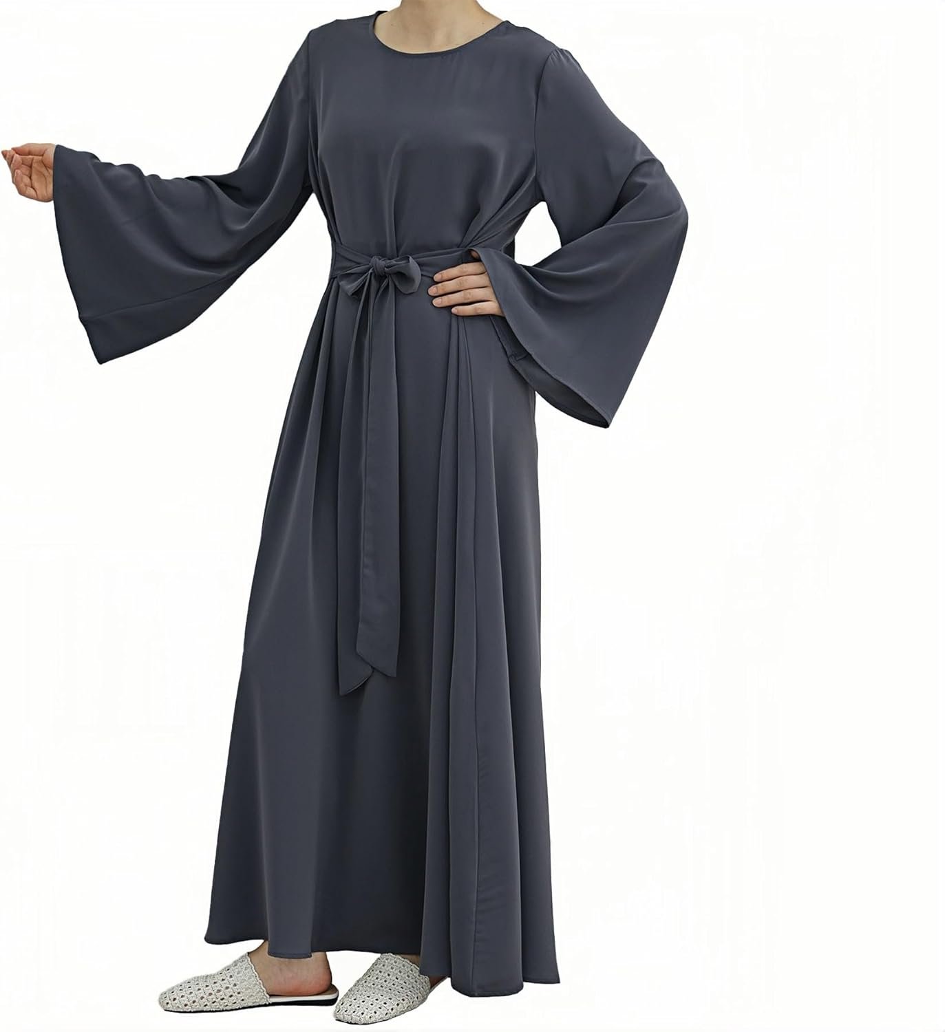 Muslim Abaya Dress for Women Long Sleeve Belted Maxi Modest Kaftan Dubai Islamic Casual Dress