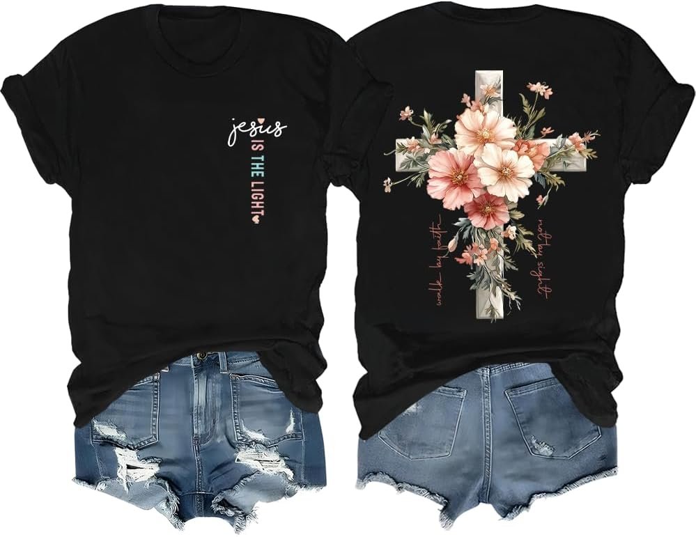 Faith Cross Christian T-Shirt with Boho Floral Cross Print Short Sleeve Casual Graphic Tee for Women