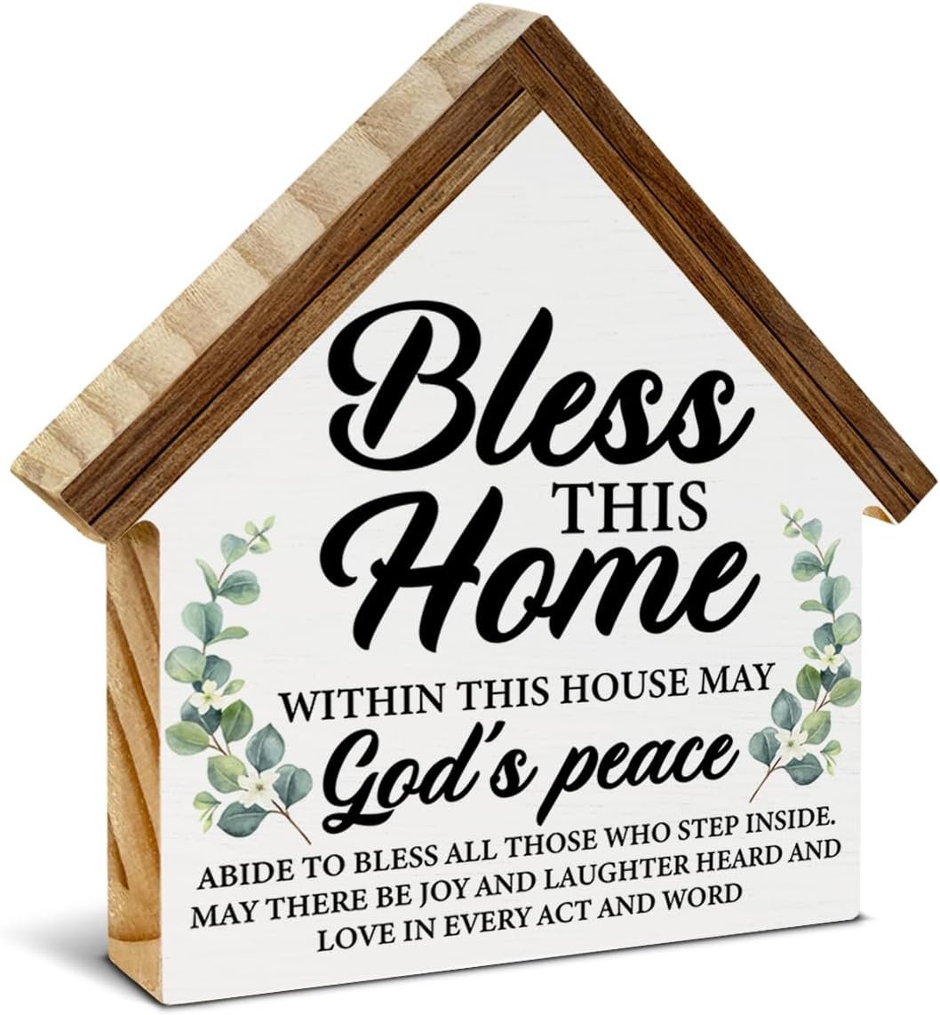 Housewarming Gifts, Christian Home Decor, Gifts for New Home Owner, Bless this Home House Shaped Wooden Block Sign Living Room Decor for Desk Table Shelf