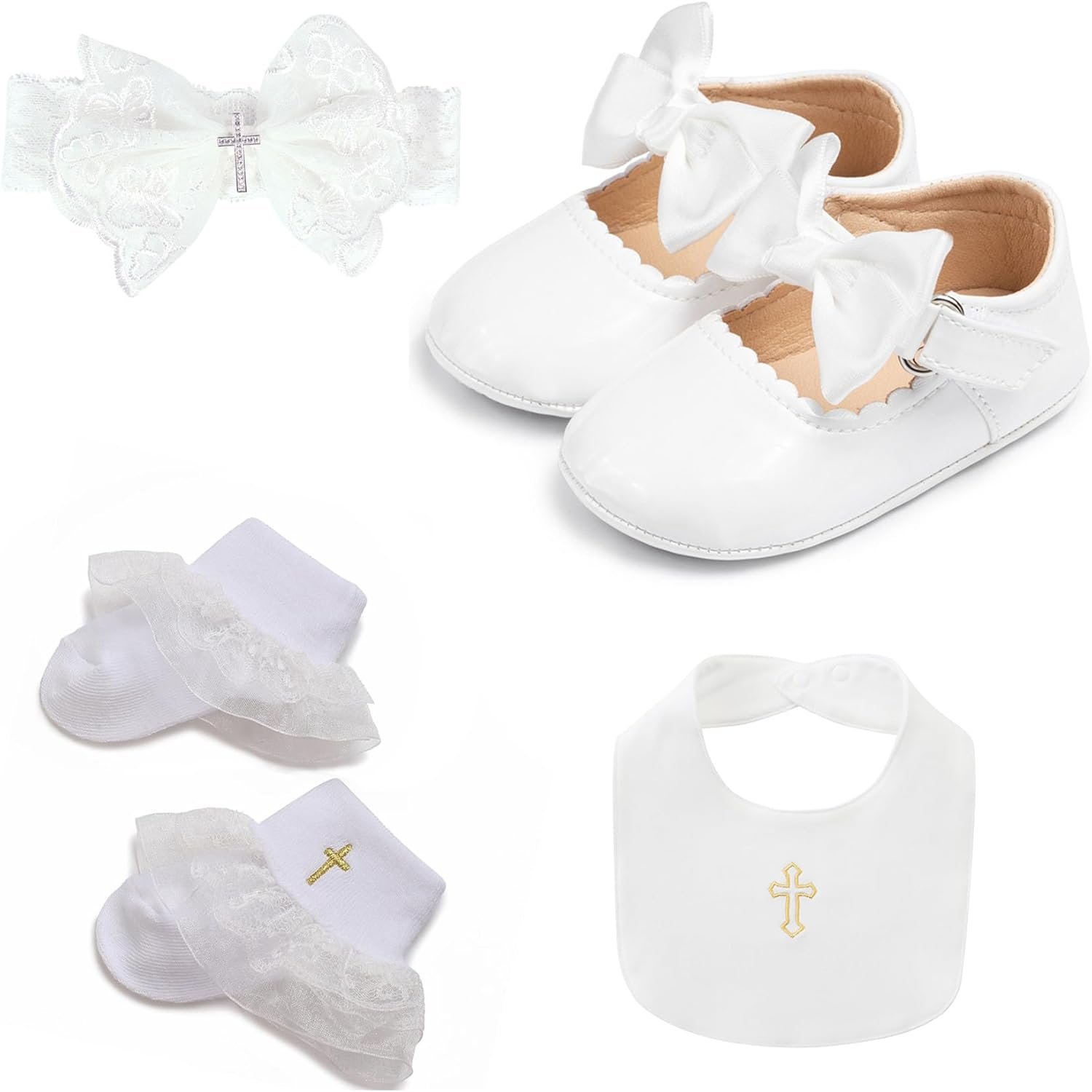 White Christening Baptism Baby Girl Outfits Dressup Accessories Gift 4 Pcs Headband Socks Shoes Sets