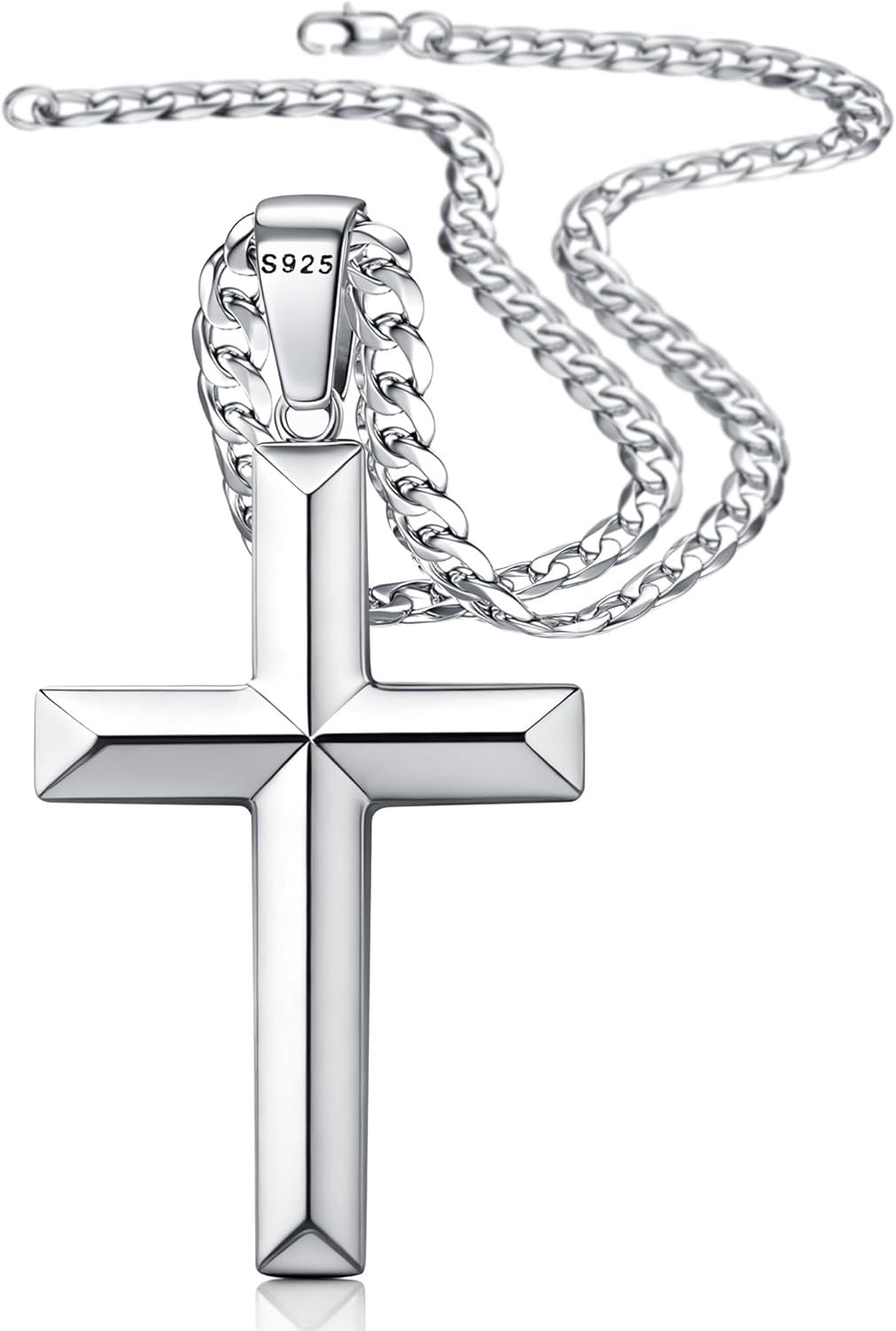 Fansilver 925 Sterling Silver Cross Necklace for Men Women,5 mm Diamond-Cut Cuban Link Chain,Mens Silver Crucifix Cross Pendant Necklace Jewelry 18-30 Inches