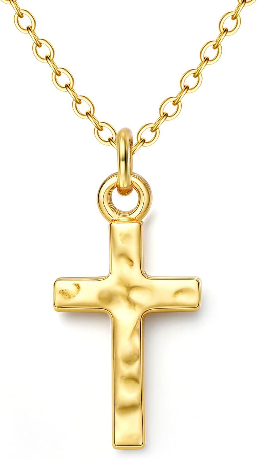MILACOLATO 925 Sterling Silver Cross Necklace for Women, Non Tarnish 14K Gold Plated Small Cross Pendant Choker Necklace, Dainty Hammered Cross Christian Baptism Religious Faith Jewelry Gifts 16″ + 2″ Adjustable Chain