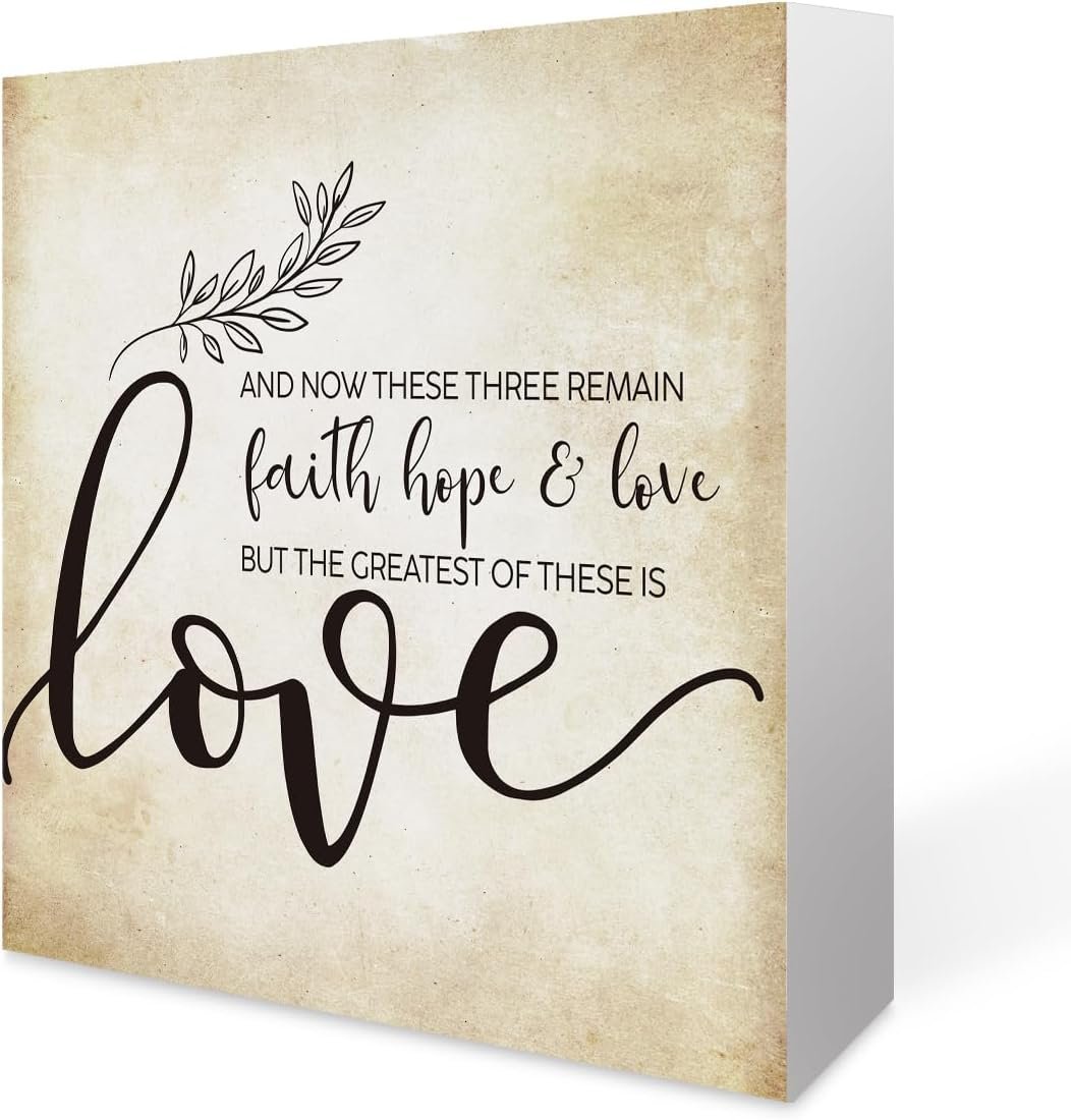Inspirational Bible Verse 1 Corinthians 13:13 Faith Hope and Love Wooden Box Sign Scripture Desk Decor Rustic Scripture Wood Block Plaque Box Sign for Home Office Shelf Table Decoration