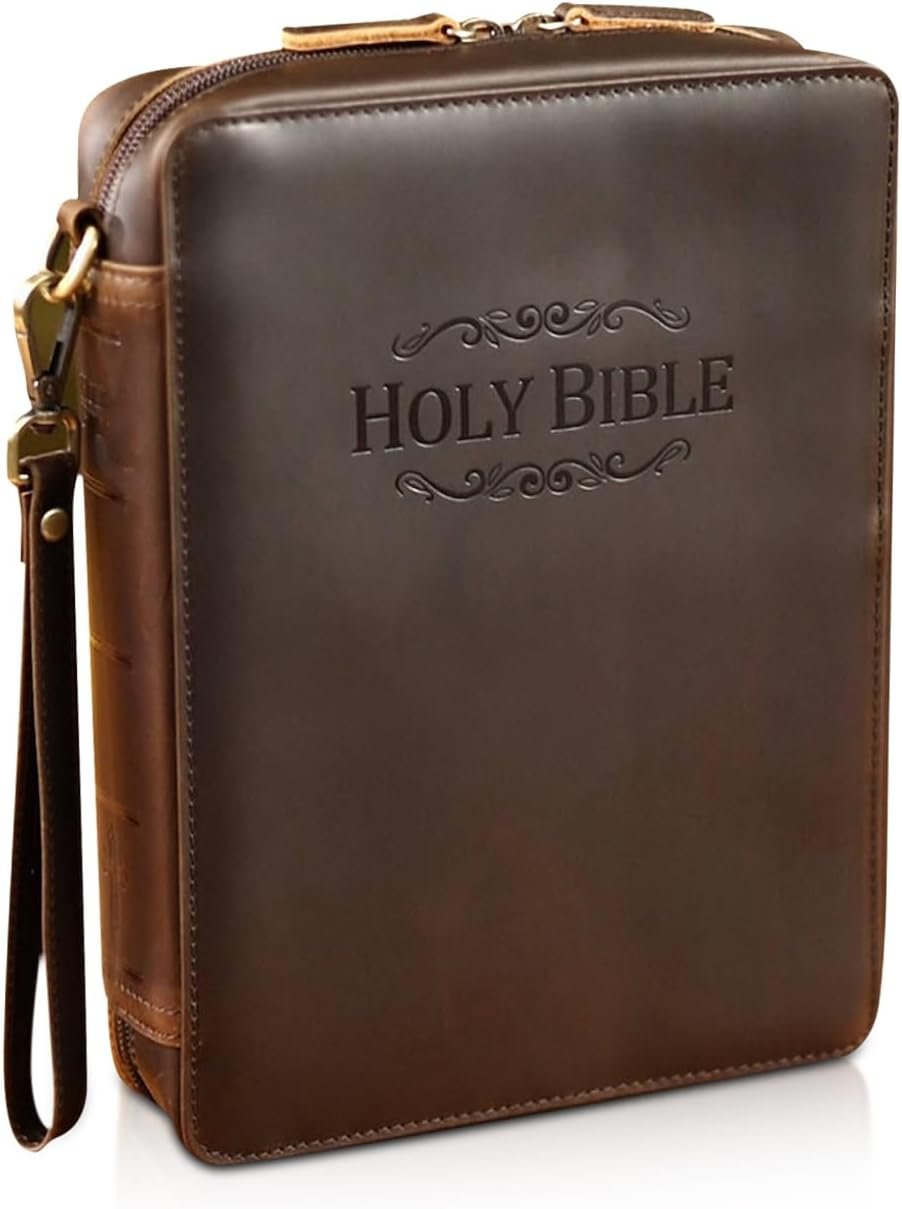 Polare Full Grain Leather Bible Cover for Men Women, Vintage Embossed Holy Bible Case, Protective Carrier Organizer Bag for Church Christian Gift 10.25×7.75×2.25 inch