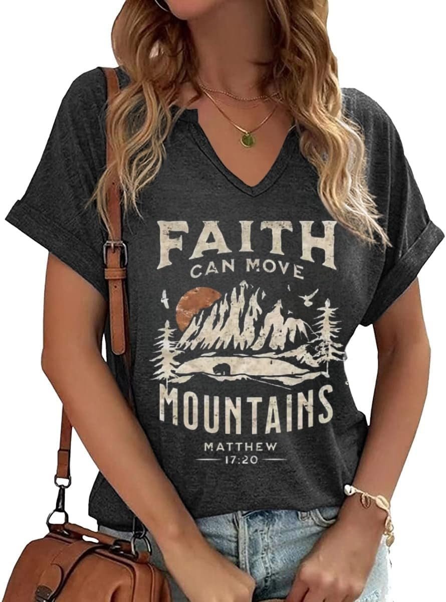 Women V Neck Christian Shirts Vintage Bible Verse Boho Floral Graphic Tees Christian Gift