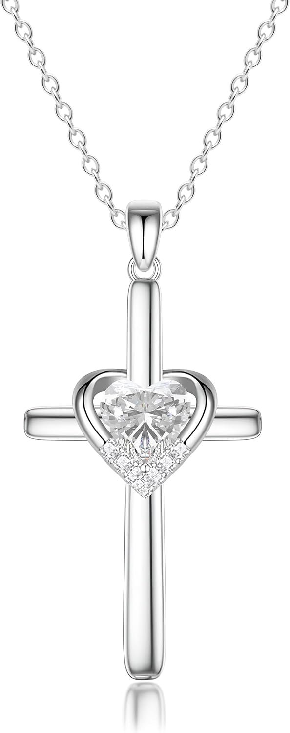 Cross Necklace with Genuine Heart Birthstone for Women, Love and Faith, Birthday Gifts for Her