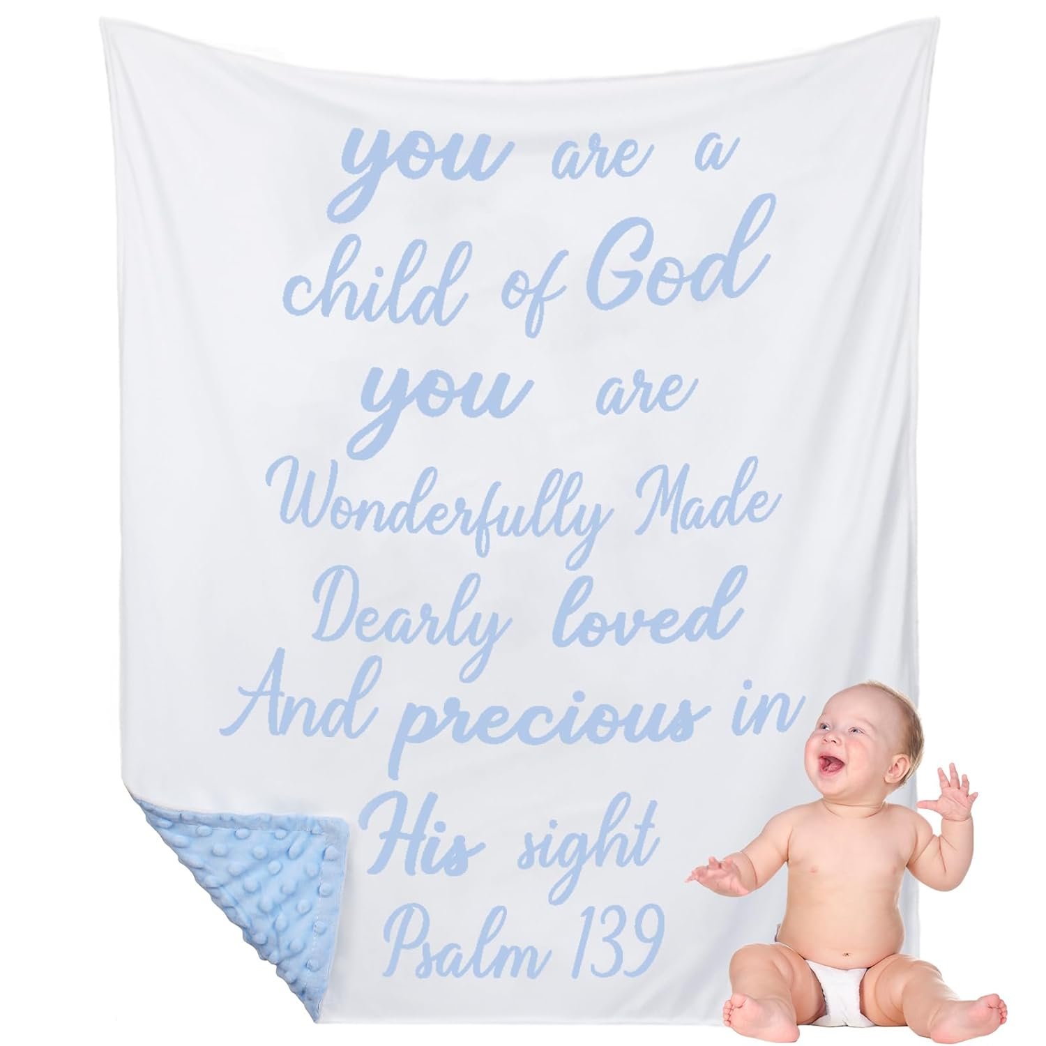 Rtteri Christian Baby Gifts Plush Baby Blanket with Dotted Backing First Communion Gift Baptism Blanket Scripture Swaddle Bible Verse for Newborn Boy Girl Christening Godchild Gift(Blue and White)