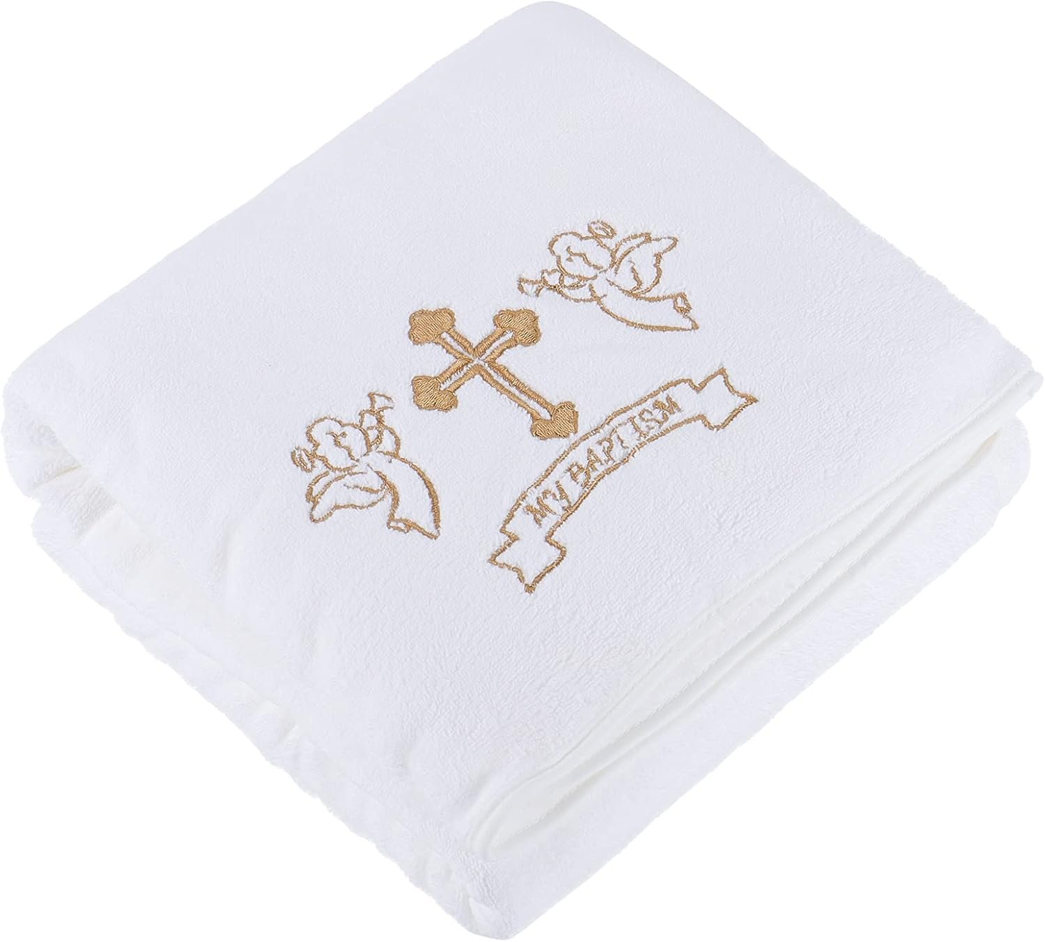 Baby Christening Blanket My Baptism Christening Dedication White Receiving Blanket with Embroidered Cross Premium Soft Warm Cozy Coral Fleece for Newborn, Infant or Toddler
