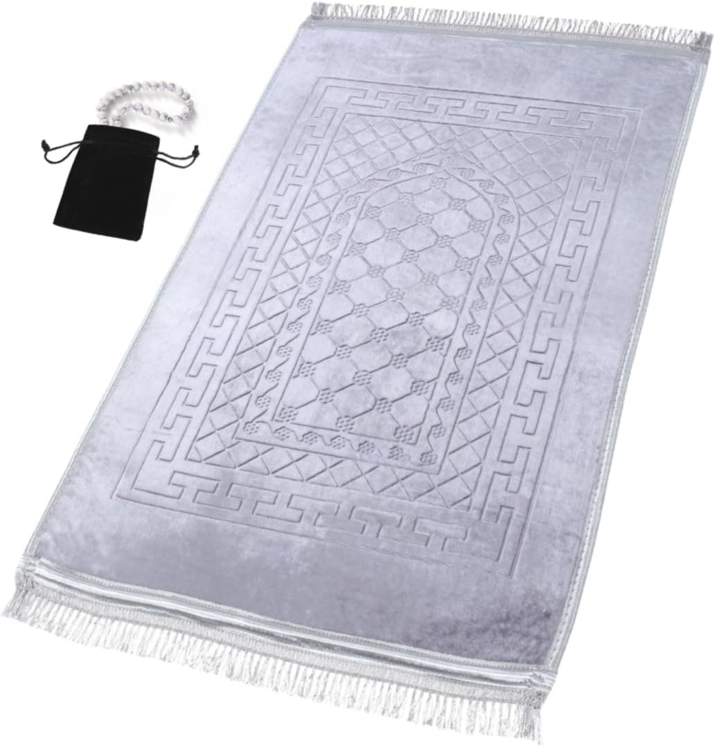 Prayer Rug Muslim Mat Islamic – Thick Prayer Rug Sajadah for Kids Men Women with Islam Prayer Beads for Eid Travel Ramadan, Soft and Luxury (Gray)