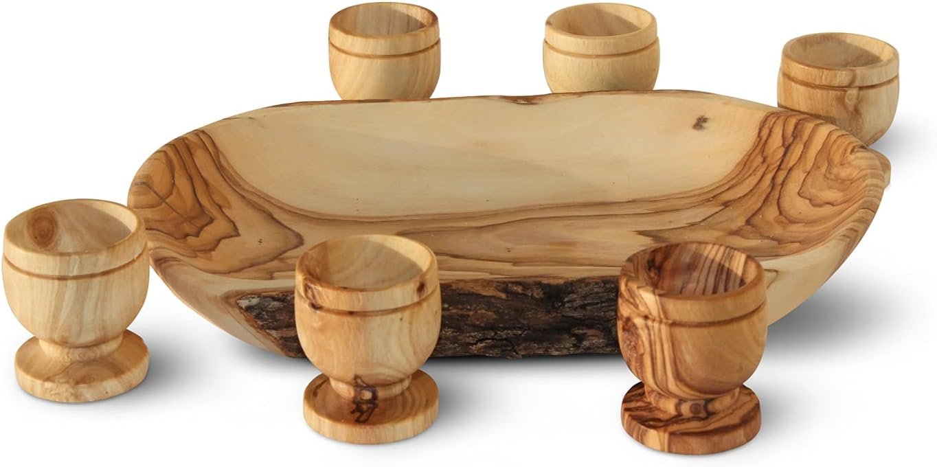 Olive Wood Mini Communion Cups with Natural Bread Tray – Set of 6 Hand-Carved Kiddush Cups from The Jerusalem Gift Shop – Holy Land Worship Set with Certificate of Origin