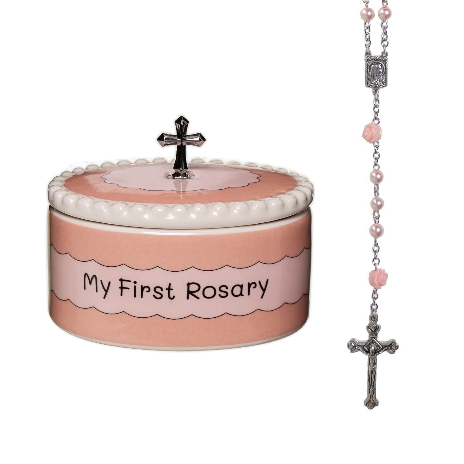 Baptism Gifts for Girl – My First Rosary with Keepsake Box, First Communion Gifts for Girls, Baptisms Gifts for Boys or Girls Christening. Pink Rosary, Ceramic Box and Gift Packaging