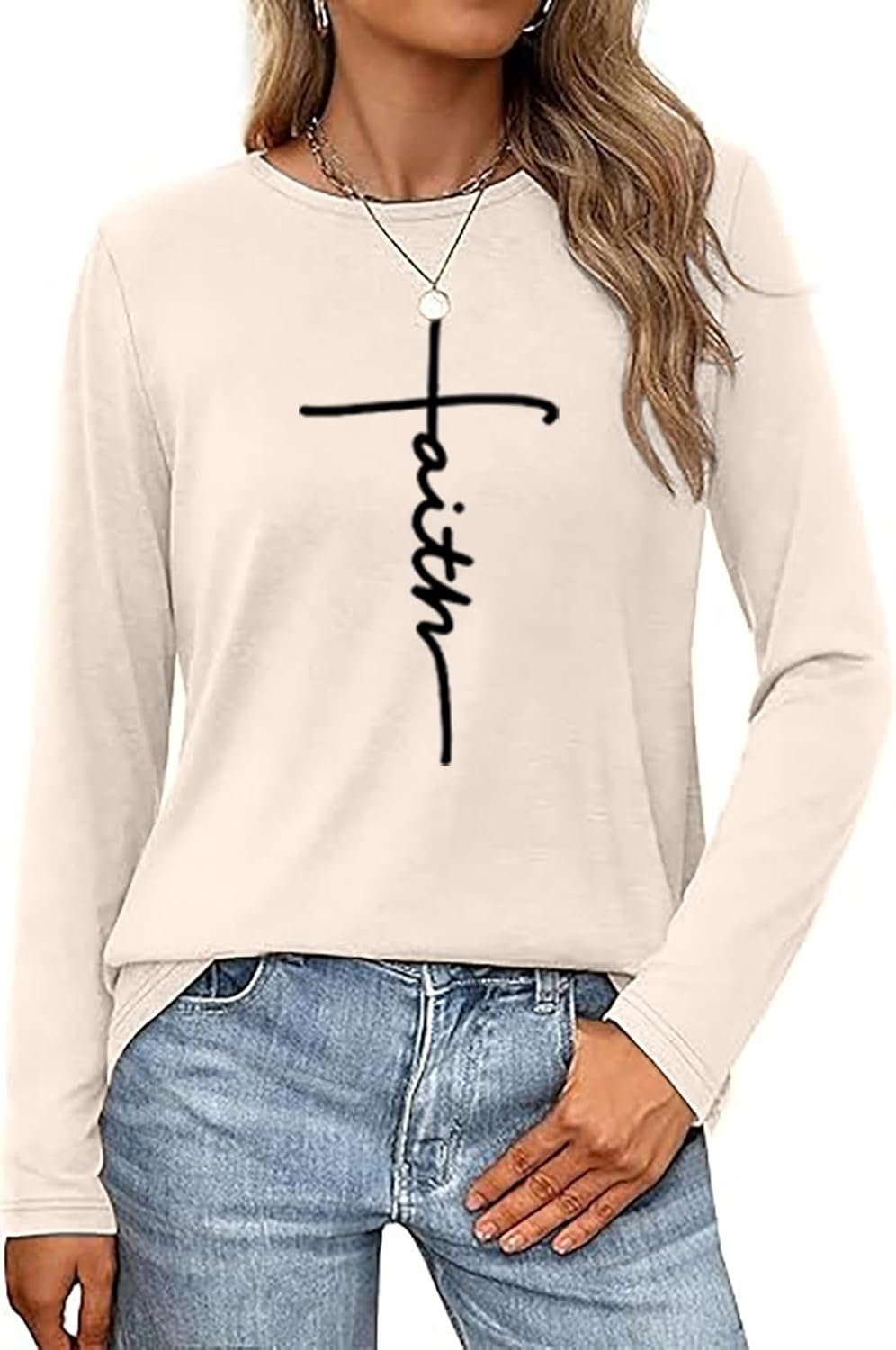 Faith Shirts for Women Letter Printed Casual Long Sleeve Tee Top